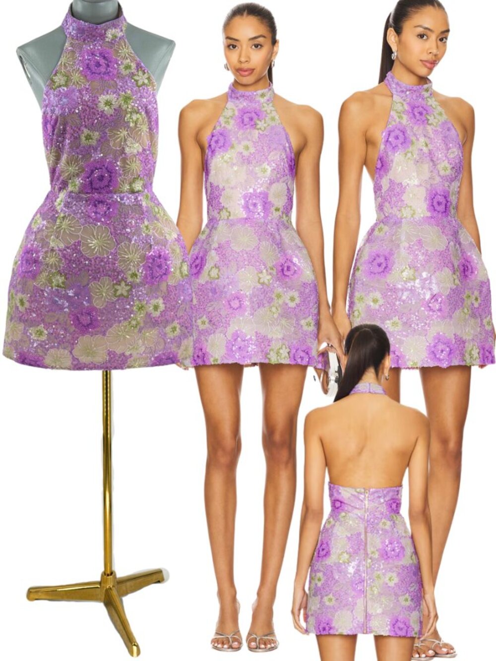 🆕 BRONX & BANCO 🧿 NWOT Deidre Floral Sequin Halter Mini Dress, Lilac Sz M US 6